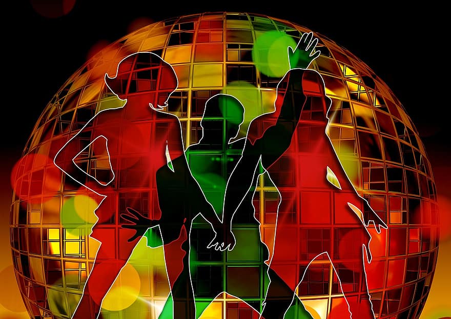 silhouette, ragazza, uomo, movimento, palla da discoteca, saltare, danza, luce, festa, discoteca, celebrare