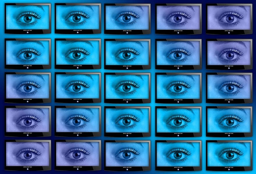 monitori, seurata seinää, suuri näyttö, silmä, kansi, iiris, videoseinä, seinä, näyttö, näyttöseinä, valvontahuone