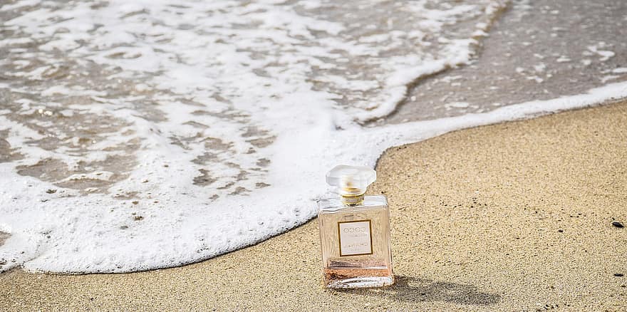 parfüm, üveg, homok, hullámok, tenger, strand, víz, óceán, hab