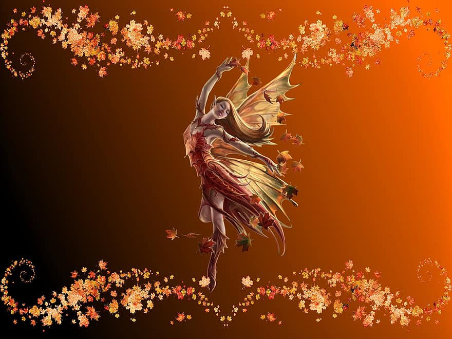 Background, Fairy, Leaves, Fall Colors, Fantasy, Fairy Wings, Pixie, Woman, Avatar, Digital Art