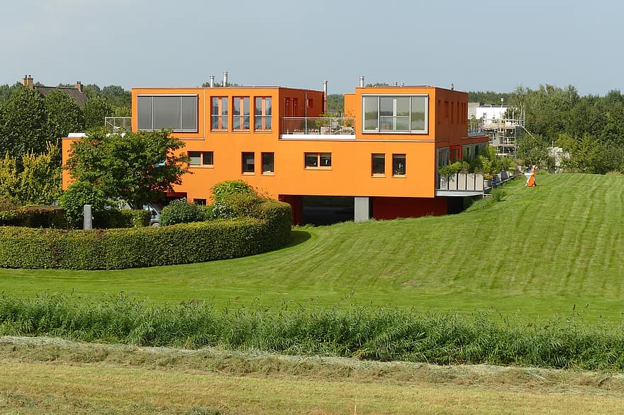 hus, landsbygden, arkitektur, lägenhet, modern, almere, nederländerna, orange, rektangulär