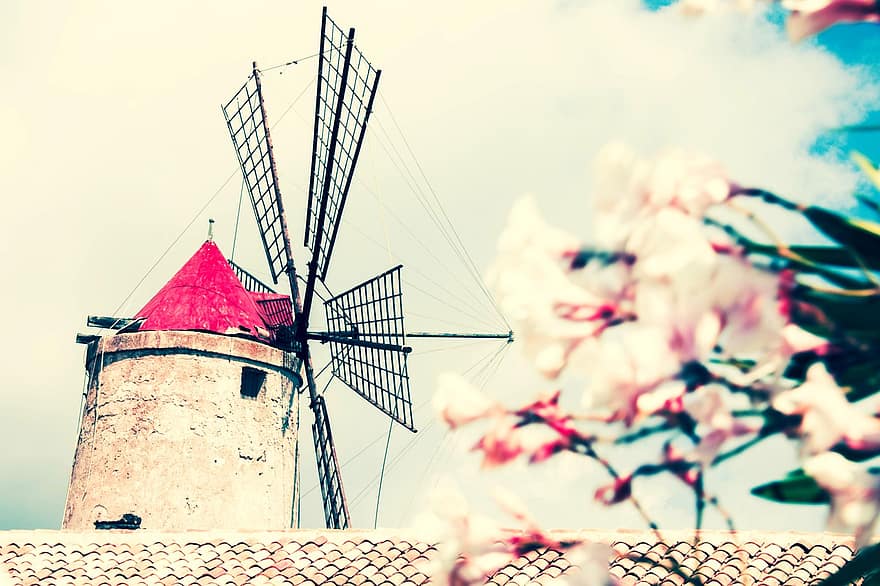 Mühle, Windmühle, Energie, Sizilien, Italien, Natur, Kulturen, die Architektur, alt, Sommer-, Geschichte