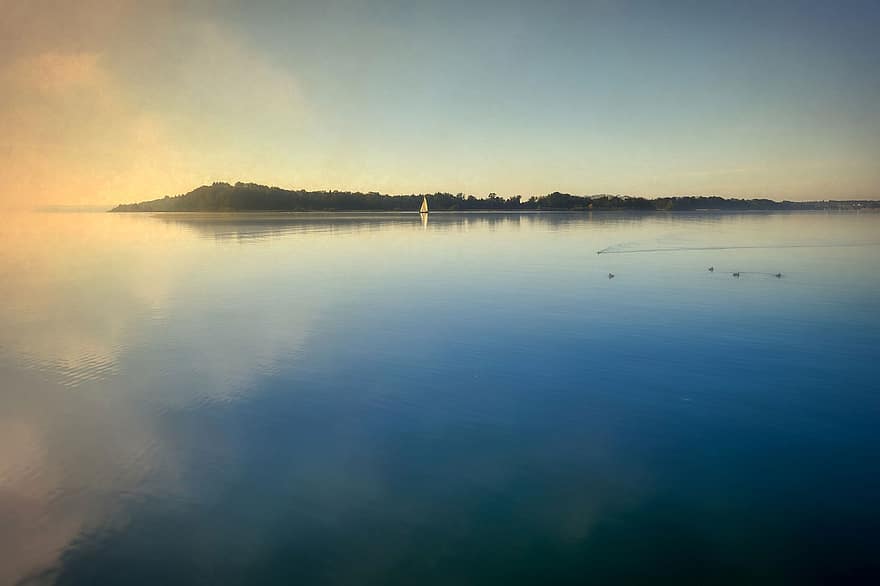 lago, Chiemsee, panorama, bavaria, chiemgau, névoa, águas calmas, céu, outono, neblina, espelhamento