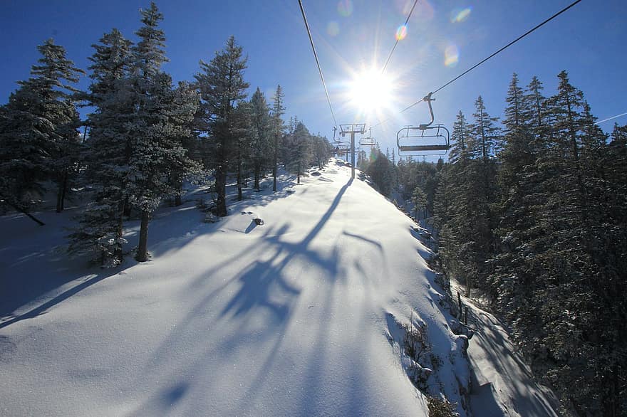 山、雪、スキーリフト、冬、晴れ、森林、スキー場、シーズン、青、スポーツ、風景