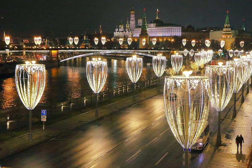 Moscou, tarde, Rússia, megalópole, rua, noite, luzes, reflexão, rio