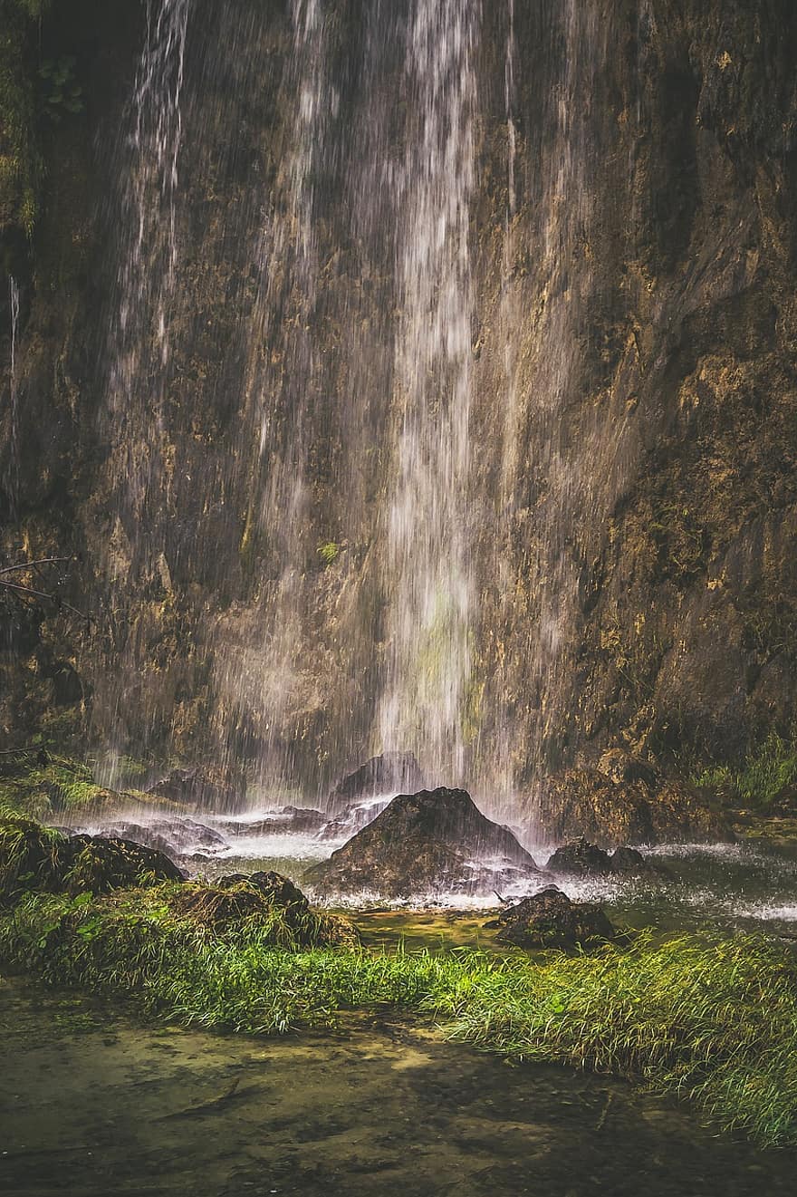 Waterfall, Mountain, Nature, forest, landscape, water, tree, rock, grass, summer, green color