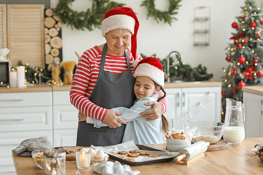 jul, barn, matlaging, kjøkken, pike, bestemor, ferie, baking, sammen, festlig, familie