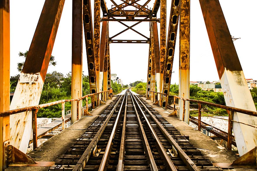 железнодорожный мост, железный мост, поезд, коричневый, Пересечь реку, мост, железнодорожные пути, транспорт, сталь, металл, архитектура