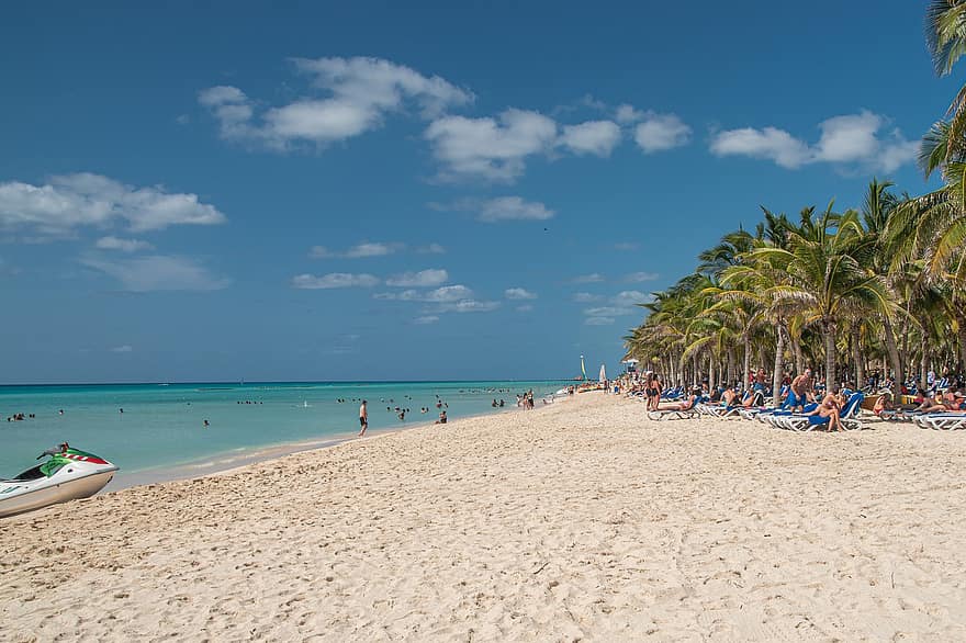strand, zee, caribbean, mensen, toeristen, vakantie, zand, kust, kust-, tropisch, water