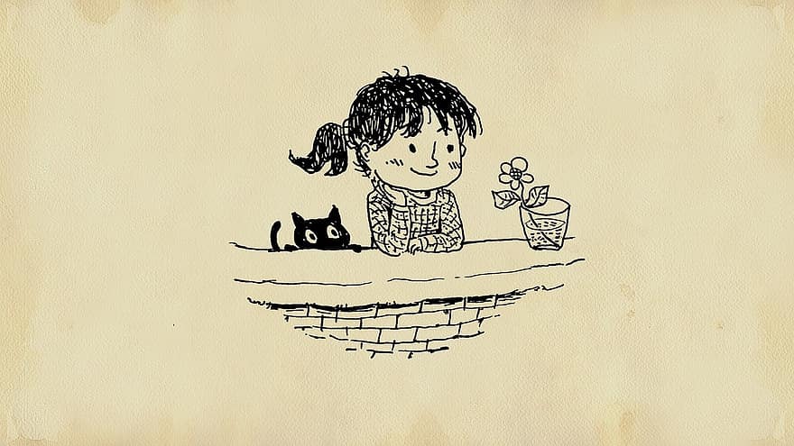 дівчина, кішка, квітка, казка, живопис, фантазія, малювання, мультфільм, радість