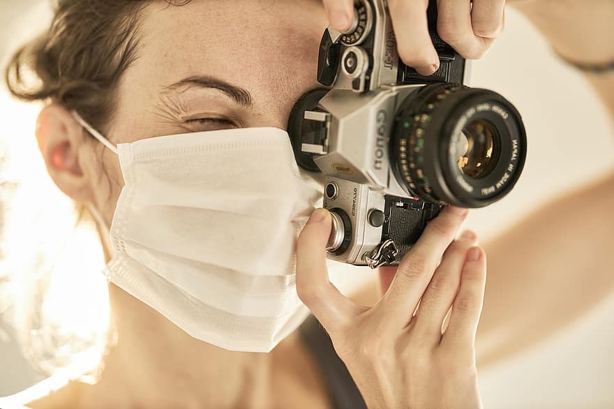 fotógrafo, coronavirus, máscara, retro, cuarentena, corona, aislamiento, proteccion, infección, enfermedad, epidemia