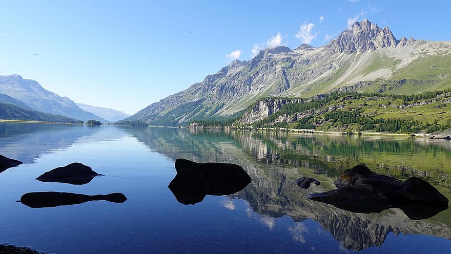 göl sils, Engadin, Graubünden, dağlar, panorama, yansıma, alp, sakin, peyzaj