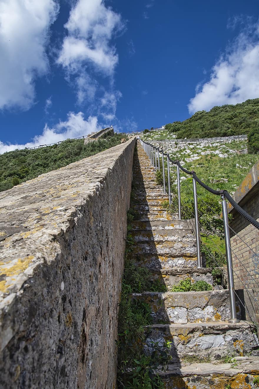 gibraltars berg, trappa, vandring, rutt, natur, arkitektur, steg, blå, sommar, berg, gammal
