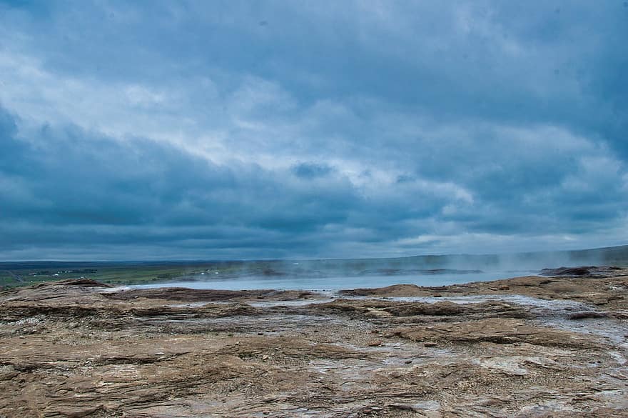 바위, 간헐천, 증기, 구름, 아이슬란드