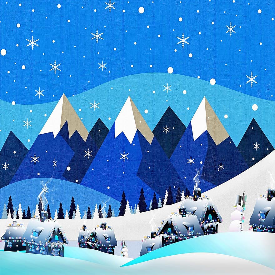 Kalėdos, žiemą, fonas, sniegas, namų, kaimas, slėnyje, kalnai, kalnų