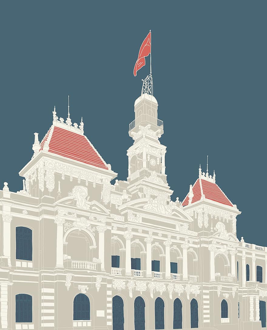 bygning, flag, facade, tag, koloniale arkitektur, dekoration, skulptur, vietnam