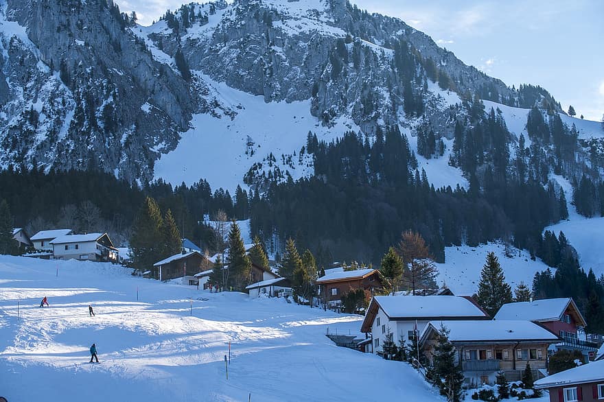 stå på ski, skråningen, vinter, snø, sport, rekreasjon, landsby, hus, trær, fjell, Alpene