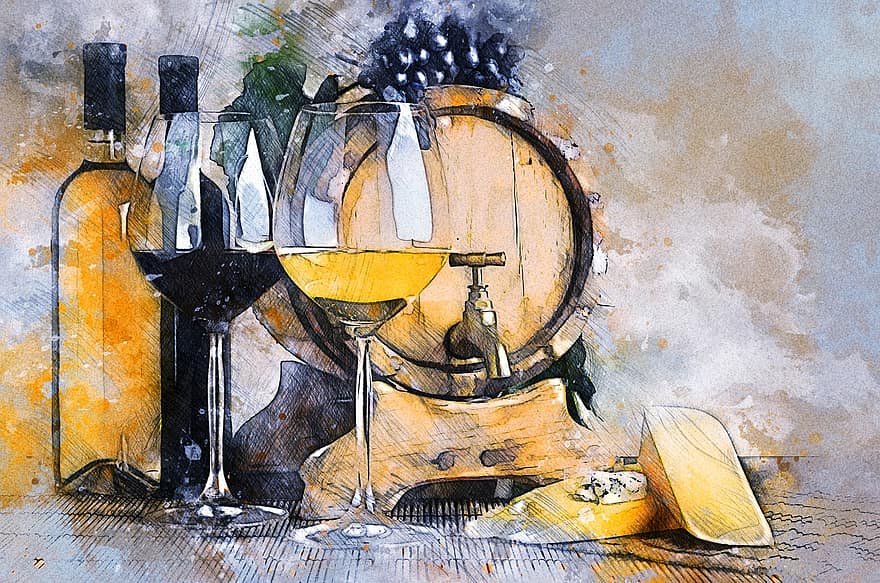 Wine, Glass, Cheese, Winery, Barrel, Bottles, Photo Art, Painting
