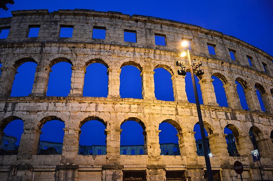 colosseum, arena, kroasia, pula, pula arena, Arsitektur, tua, reruntuhan, bangunan, Monumen, pariwisata