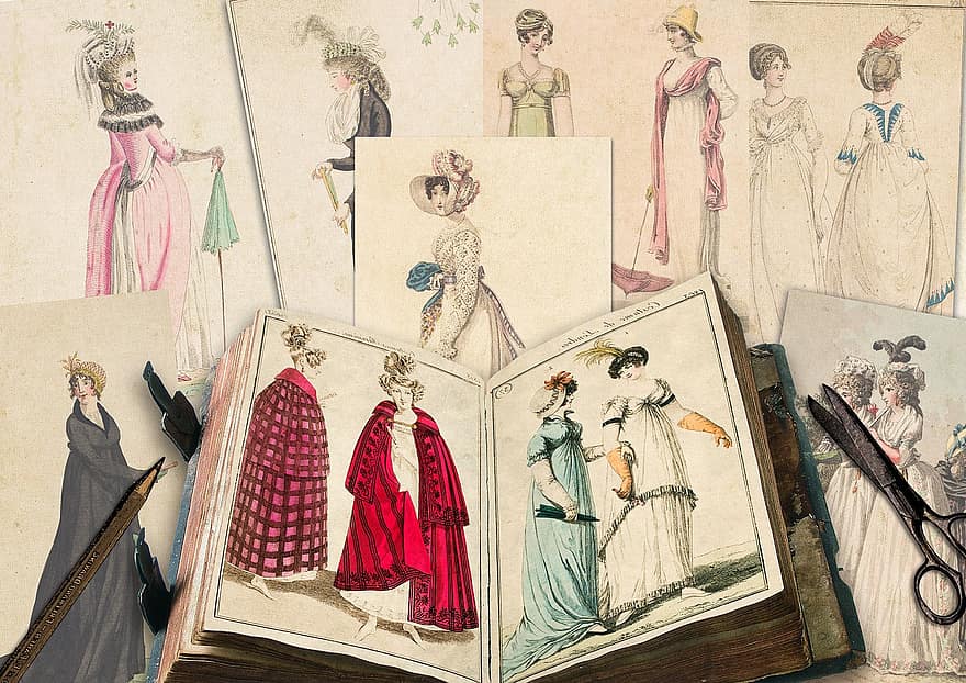 libro, tijeras, muñecas de moda, coser, vendimia, Moda, dibujos, collage, colección, moda femenina, victoriano