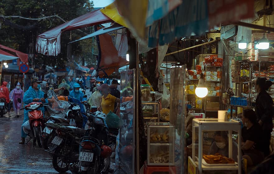 하노이, 시장, 비가 내리는, 베트남, 도시의 삶, 아시아