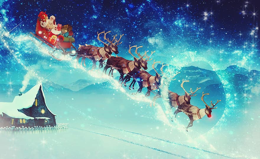 Papai Noel, rena, Natal, vôo, paisagem de neve, magia do inverno