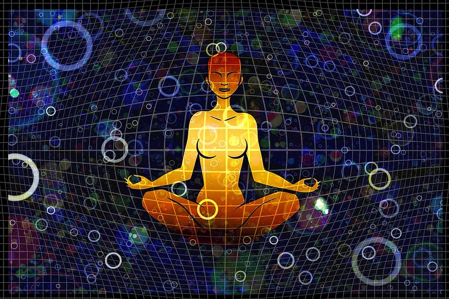 dona, meditació, quadrícula, cercles, reflexió, persona, mig, centre, transcendència, consciència, dualitat