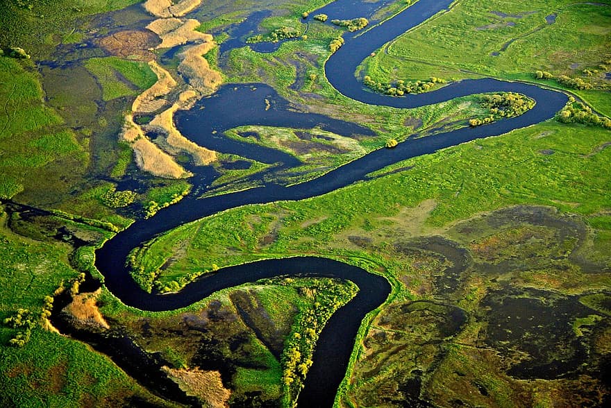 Narev, fiume, Polonia, paesaggio, Podlasie, Parco Nazionale, Da un volo in mongolfiera, vista aerea, vista dall'alto, acqua, terra