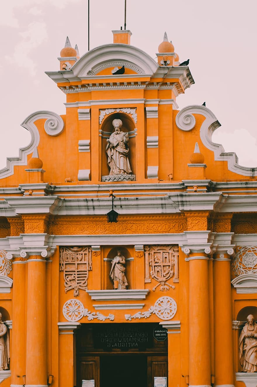 과테말라, 교회에, 역사적인, 정면, 동상, 건물, 오래된 교회, 조각