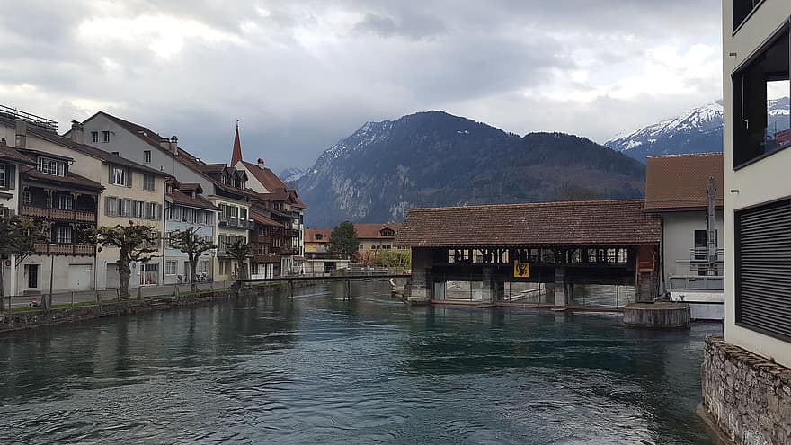 River, Town, Mountains, Buildings, Houses, Village, Lake, Water, Gloomy, Cloudy, Thun