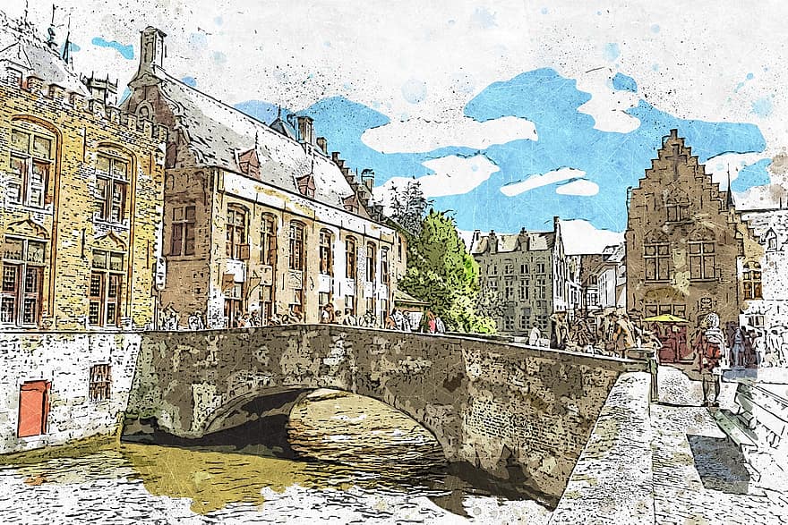 Bèlgica, Bruges, canal, pont, riu, arquitectura, carrer, edificis, ciutat, vell, turisme