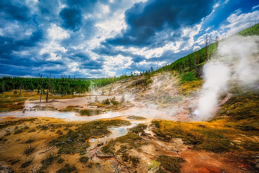 Yellowstone, vapor, caldeira, natureza, panorama, térmico, floresta, agua, cor verde, nuvem, céu