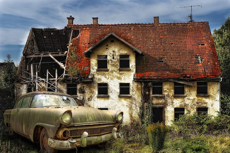 gammelt hus, gammel bil, transport, gammel, årgang, klassiker, automotive, ruin, falleferdig, forfalsket hus, skummelt