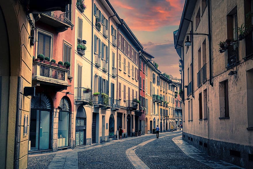 Buildings, Street, Road, Curve, Pedestrian, Paving Stones, Milan, Italy, City, Clouds
