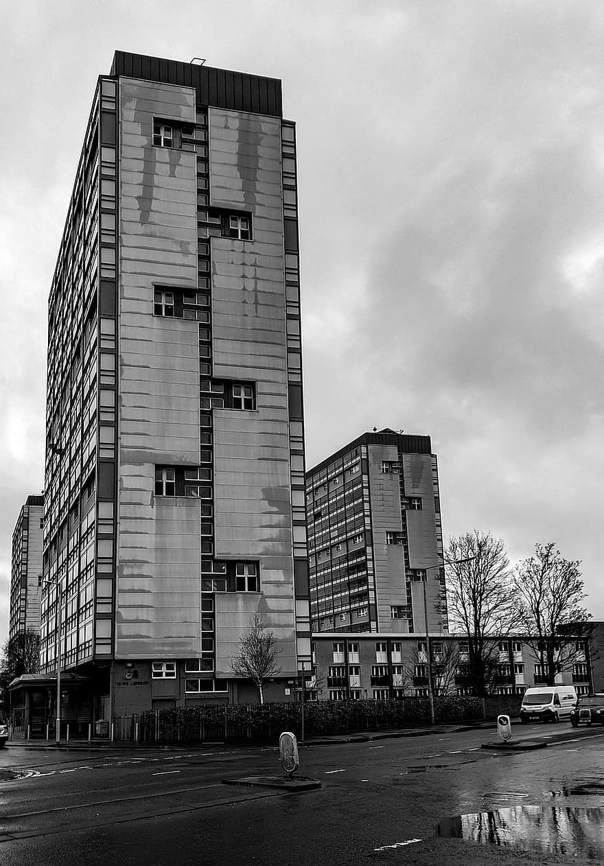 City, Day, Street, Road, Tower, Apartment, Modern, Monochrome, Architecture, black and white, building exterior