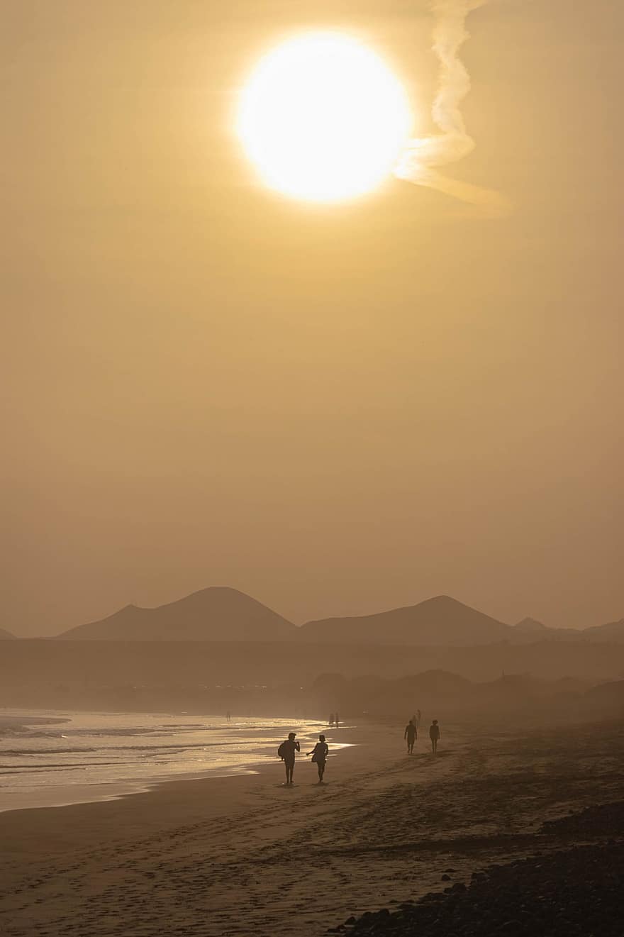 Strand, hav, bølger, sand, solnedgang, lanzarote, Caleta de Famara