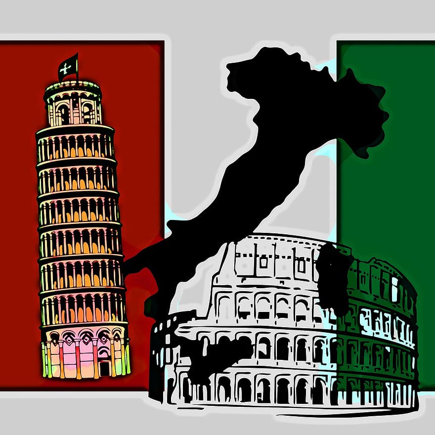 Italia, mapa, bandera, torre, pisa, coliseo
