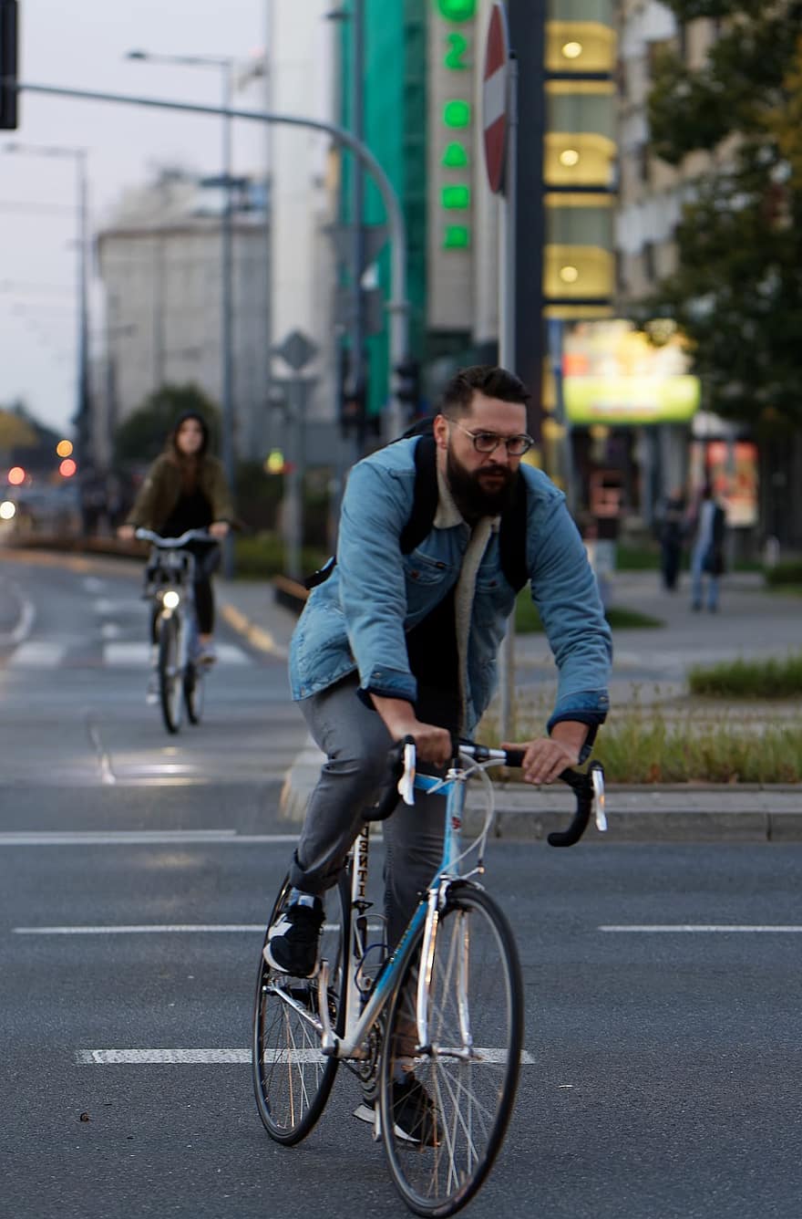 bicyklista, běh, ulice, městský, město