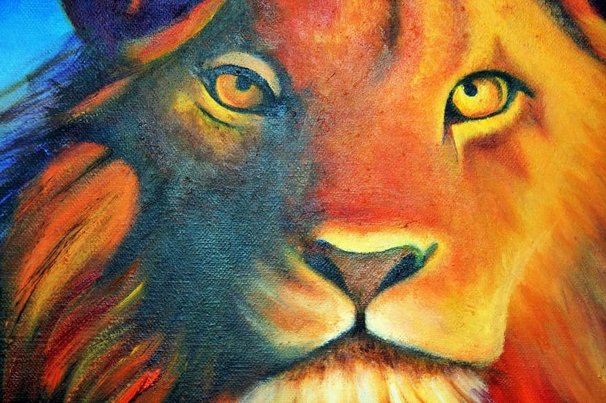 Leul în uleiuri, pictură, pânză, opera de arta, original, animal, leu, masculin, coamă, ochi, luminos