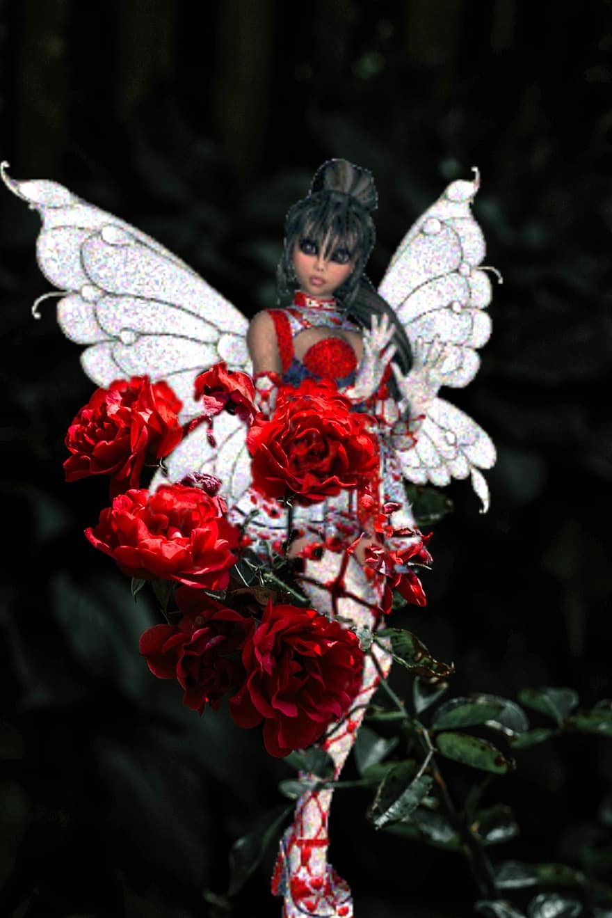 фея, квіти, фантазія, характер, жінка, дівчина, самка, крила, магічний, містичний, червоні квіти