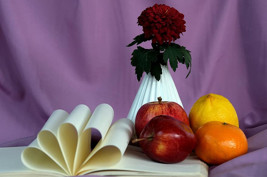 gyümölcsök, virág, könyv, csendélet, alma, narancs, citrom, oldalak, papír, váza, krizantém
