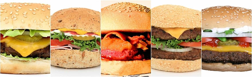hamburguesa, collage, collage de fotos, menjar, dinar, sopar, entrepà, cheeseburger, deliciós, menjar ràpid, saborós
