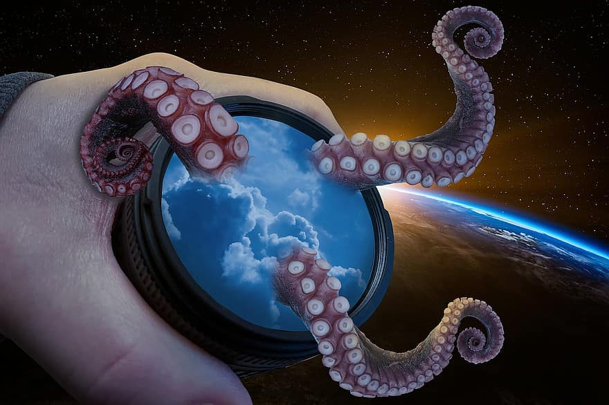 lensa, gurita, tentakel, awan, ruang, fantasi, bumi, spiral, ilmu, ikan, sungut