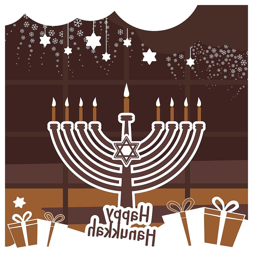 Feliz Hanukkah, Novo Topstar2020, Chocolate Window Des, Símbolo de Israel, hexagrama, luz de velas, Céu nevando, Meia-noite Café Marrom, Cloud Star, Presente Presente, Candelabro de Menorá