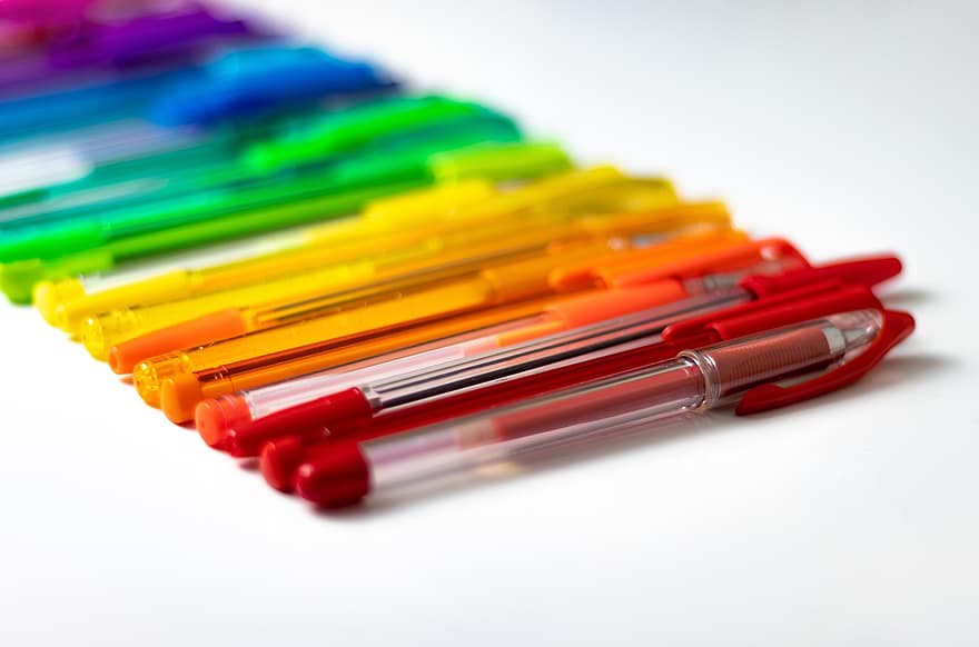 pennen, kleurrijke pennen, schrijfbehoeften, schoolspullen, multi gekleurd, detailopname, geel, pen, blauw, uitrusting, viltstift