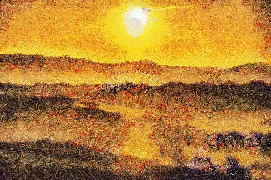 Painting, Oil, Digital, Tuscany, Landscape, Sunset, Field, Mountains, Natural Landscape, Impressionism, Fotomanipulación