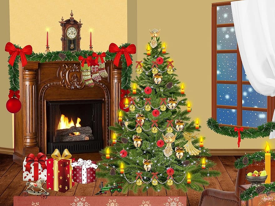 क्रिसमस, बैठक कक्ष, मकान, देवदार, सर्दी, हिमपात, पेड़, फूलों का हार, चिमनियों, उपहार, खिलौने