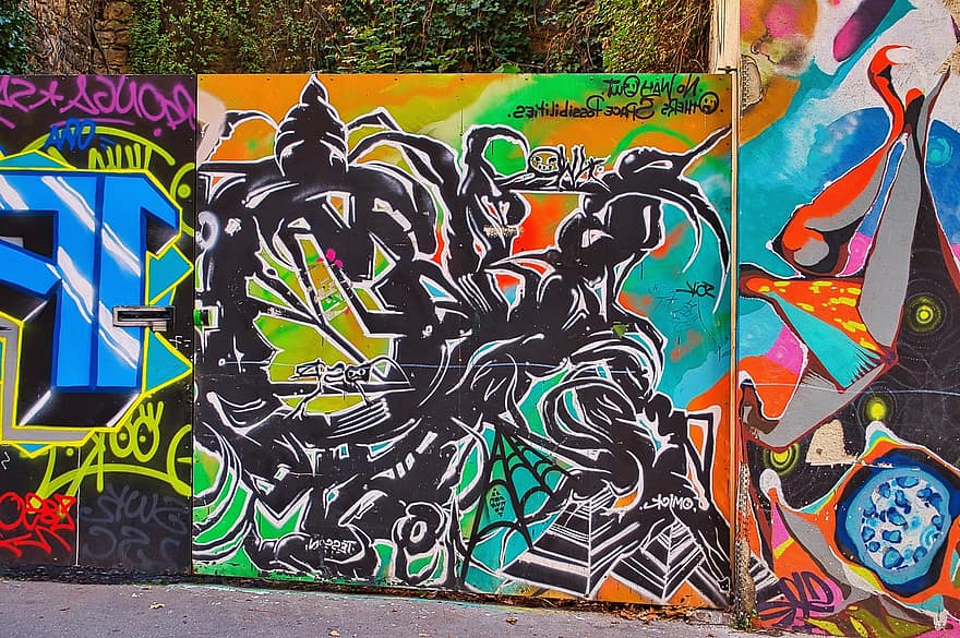graffiti, kaupunkitaide, taide, kaupunki-, kaupunki, seinä, maalaus, spray, monivärinen, luovuus, miehet