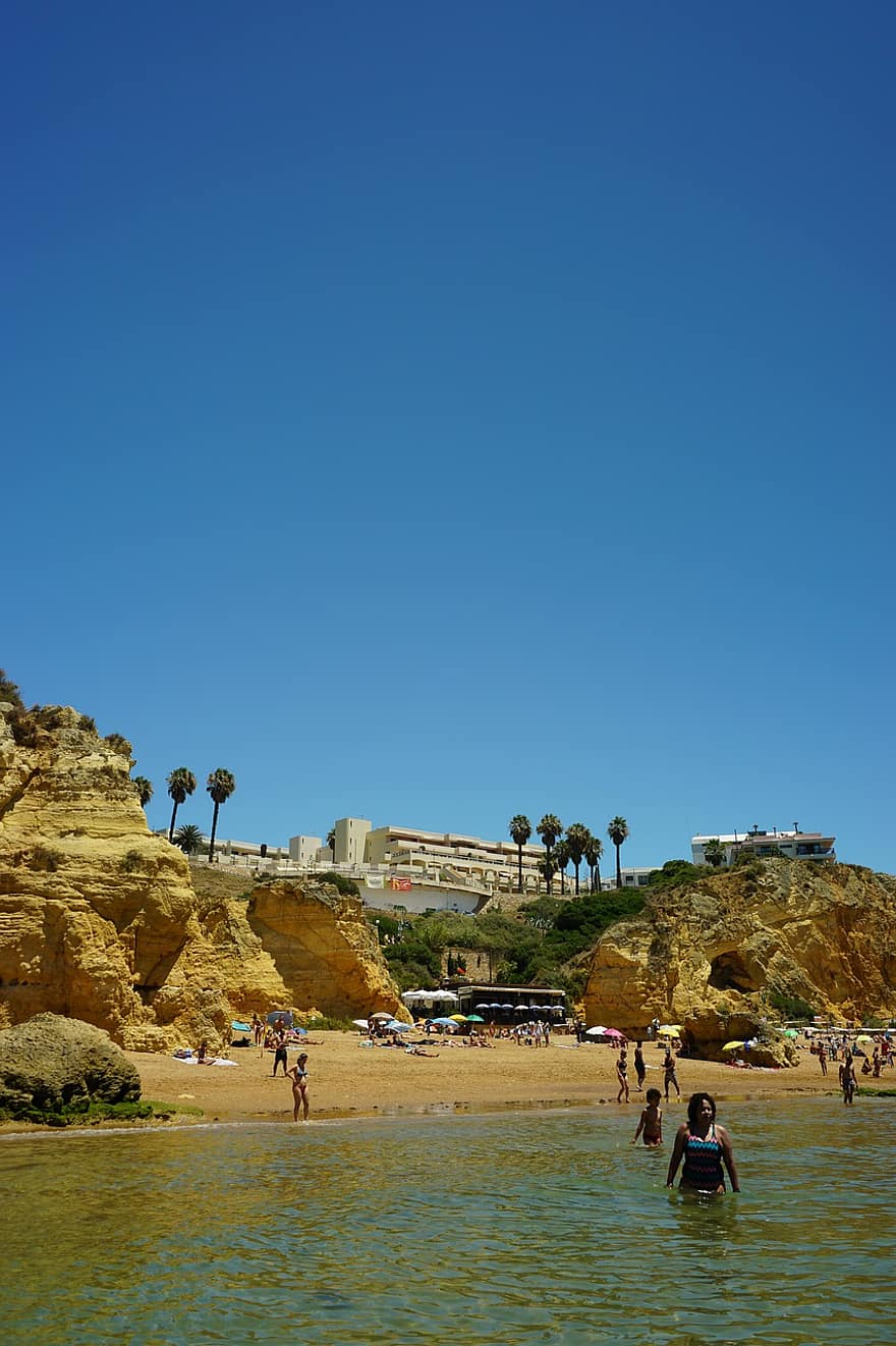 spiaggia, estate, praia, Algarve, scogliere, acqua, oceano, mare, costa, persone, turismo