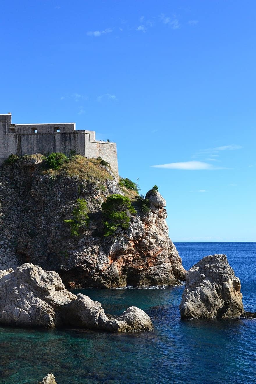 Dubrovnik, Kroatia, linna, rannikko, rantakallio, kesä, sininen, rock, esine, vesi, matkustaa